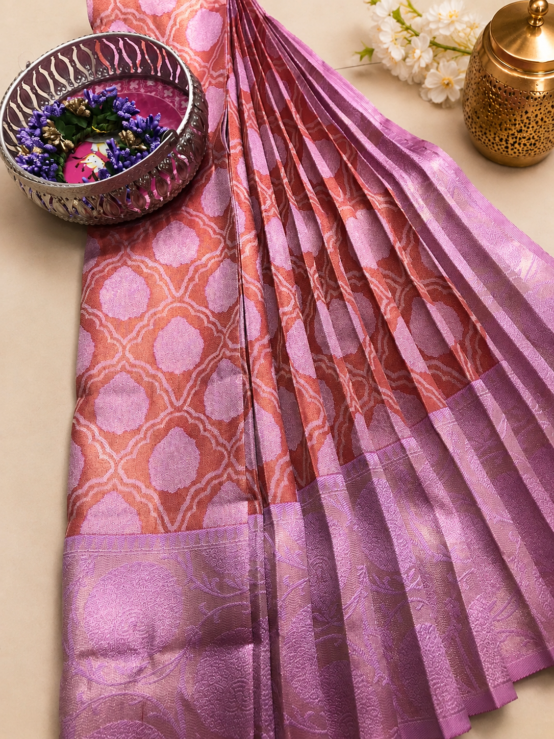 Peach Pink Semi Kanchi Saree with Floral Zari Weave & Rich Border