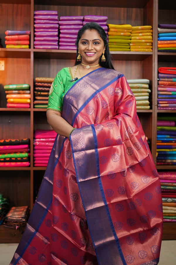 Pure Bridal Kanchipuram Silk Saree Scarlet Red and Blue with Meena Butta and Zari Woven Border