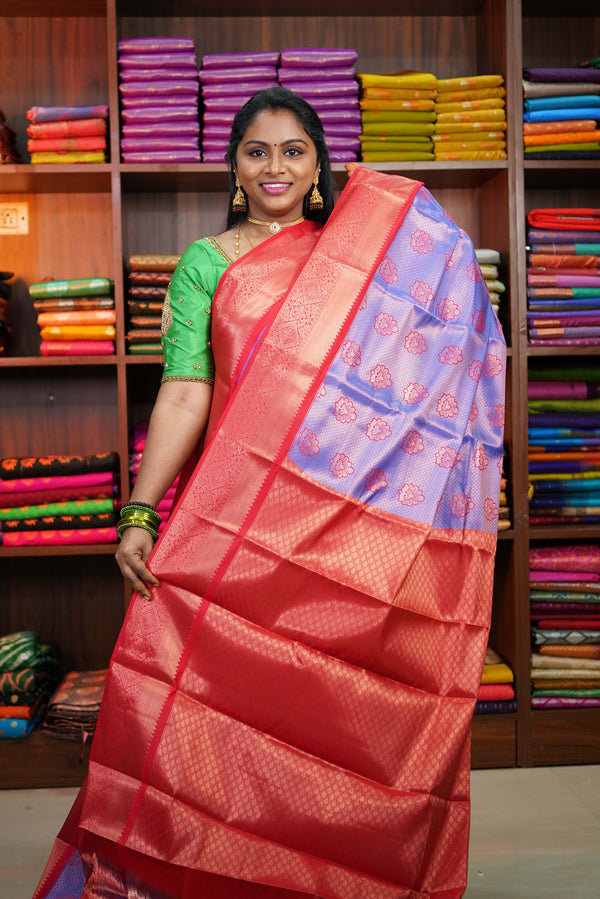 Pure Bridal Kanchipuram Silk Saree Purple and Red with Meena Butta and Zari Woven Border