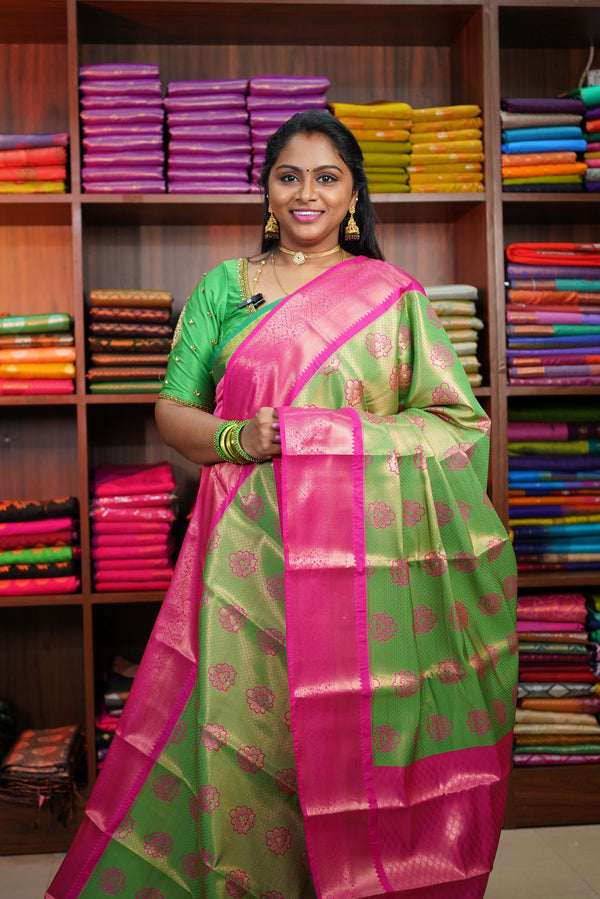Pure Bridal Kanchipuram Silk Saree Green and Rose with Meena Butta and Zari Woven Border