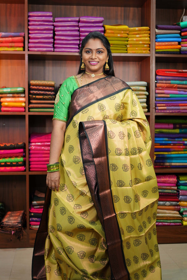 Pure Bridal Kanchipuram Silk Saree Yellow Green and Black with Meena Butta and Zari Woven Border