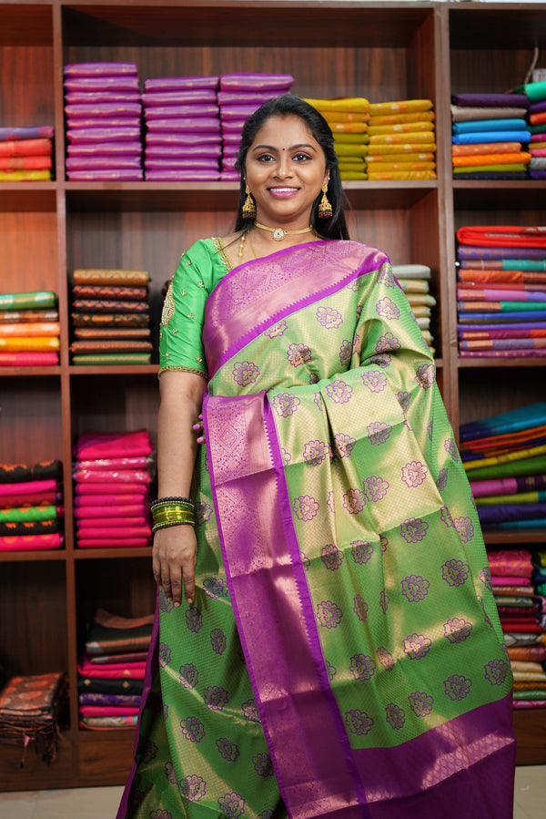 Pure Bridal Kanchipuram Silk Saree Green and Purple with Meena Butta and Zari Woven Border