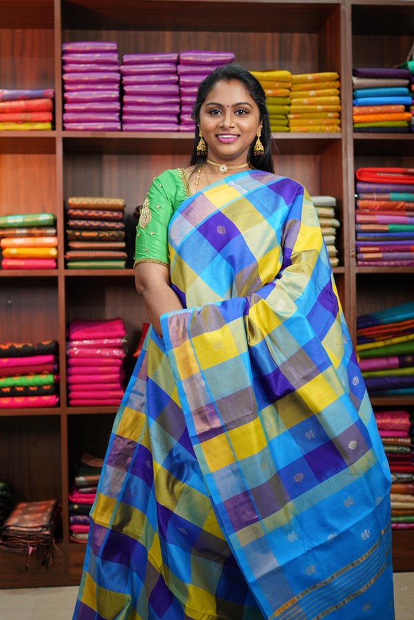 Sky Blue with Yellow and Blue Box Pure Kanchipuram Silk Cotton