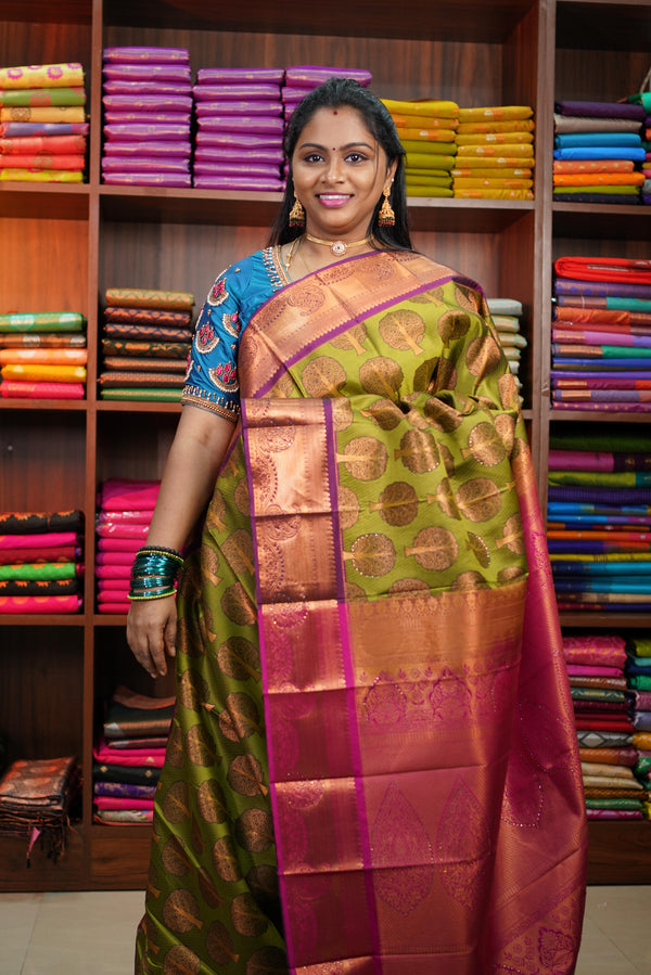 Green with Pink Kanchipuram Bridal Stone Silk Saree