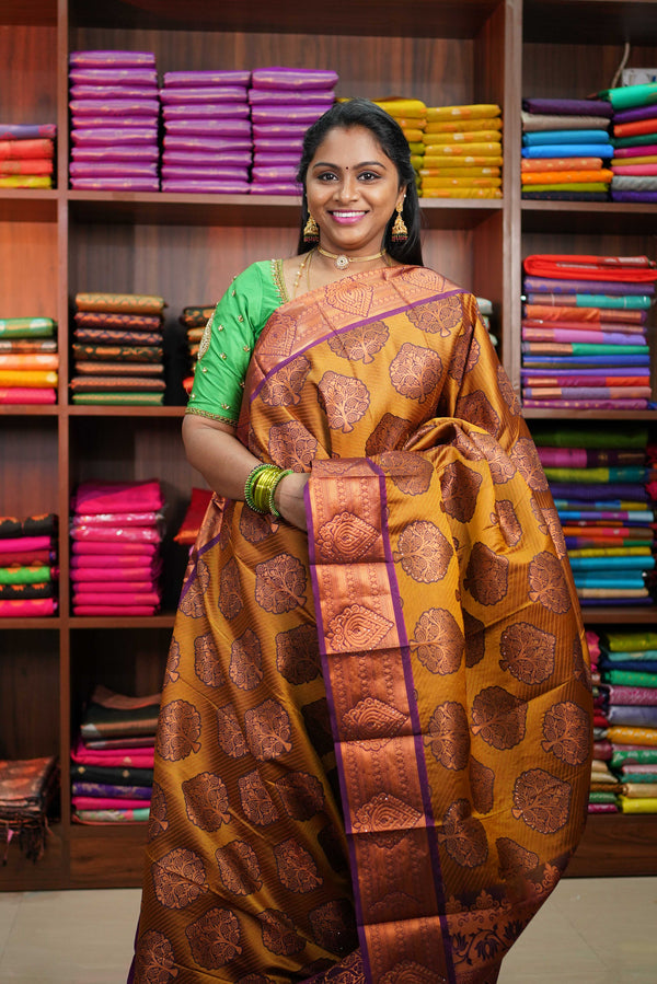 Honey Orange with Dark Purple Kanchipuram Bridal Semi Silk Saree