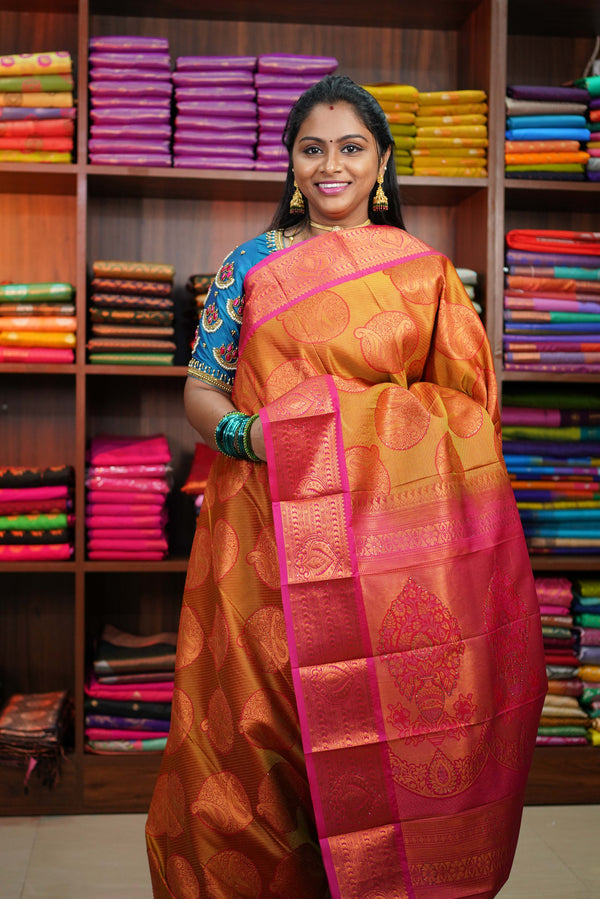 Honey Orange and Pink Kanchipuram Bridal Stone Silk Saree