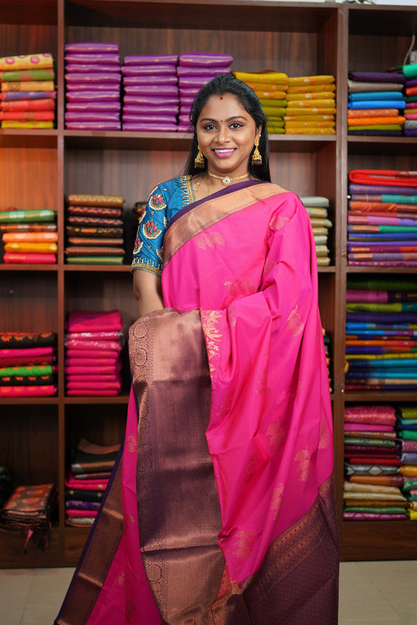 Pink and Blue Bridal Kanchipuram Soft Silk Saree