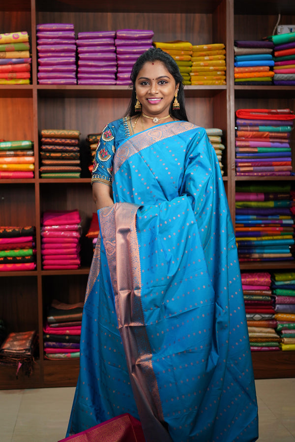 Sky Blue and Maroon Bridal Kanchipuram Soft Silk Saree