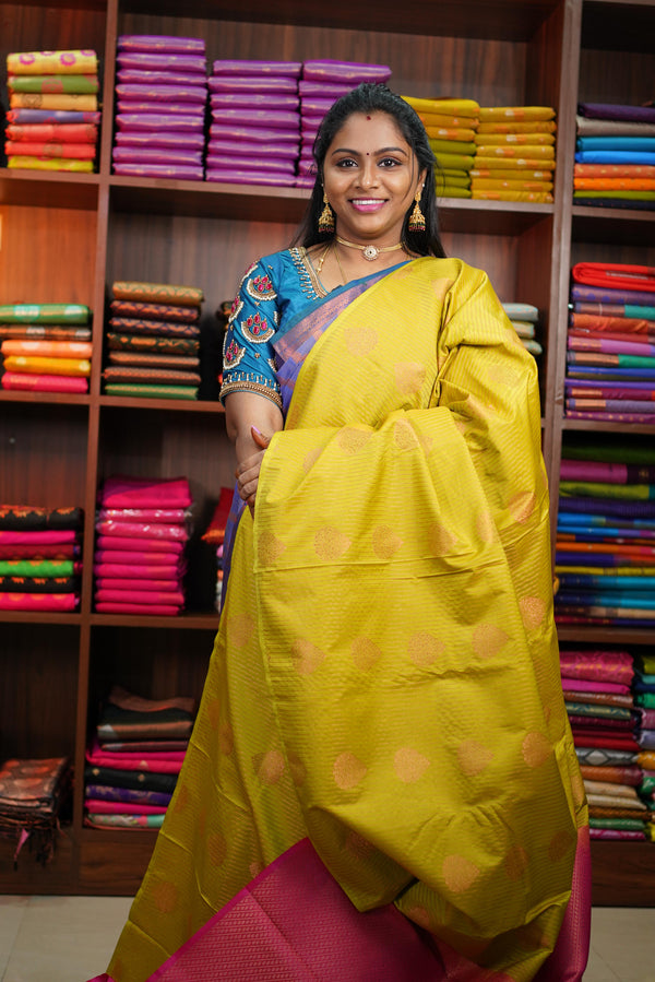 Lemon Yellow and Rose Bridal Kanchipuram Soft Silk Saree