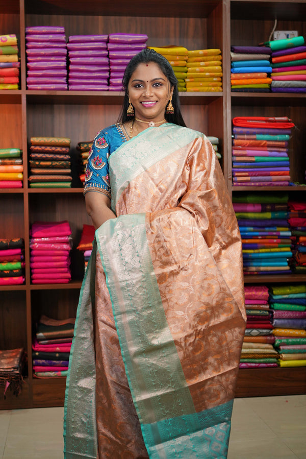 Blue and Peach Bridal Kanchipuram Soft Silk Saree