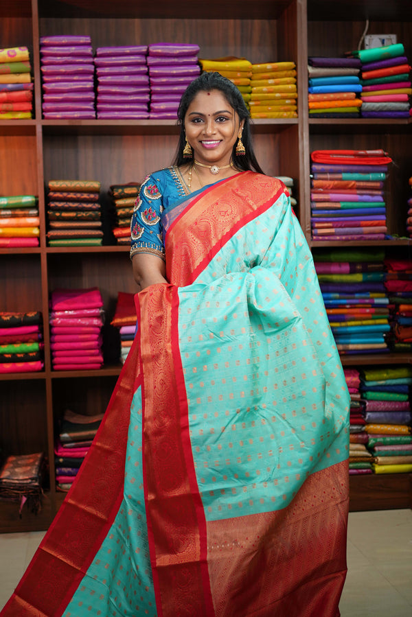 Blue and Scarlet Bridal Kanchipuram Soft Silk Saree