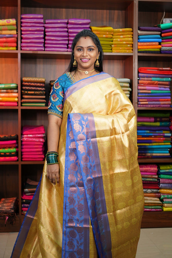 Gold with Navy Blue Bridal Tissue Saree