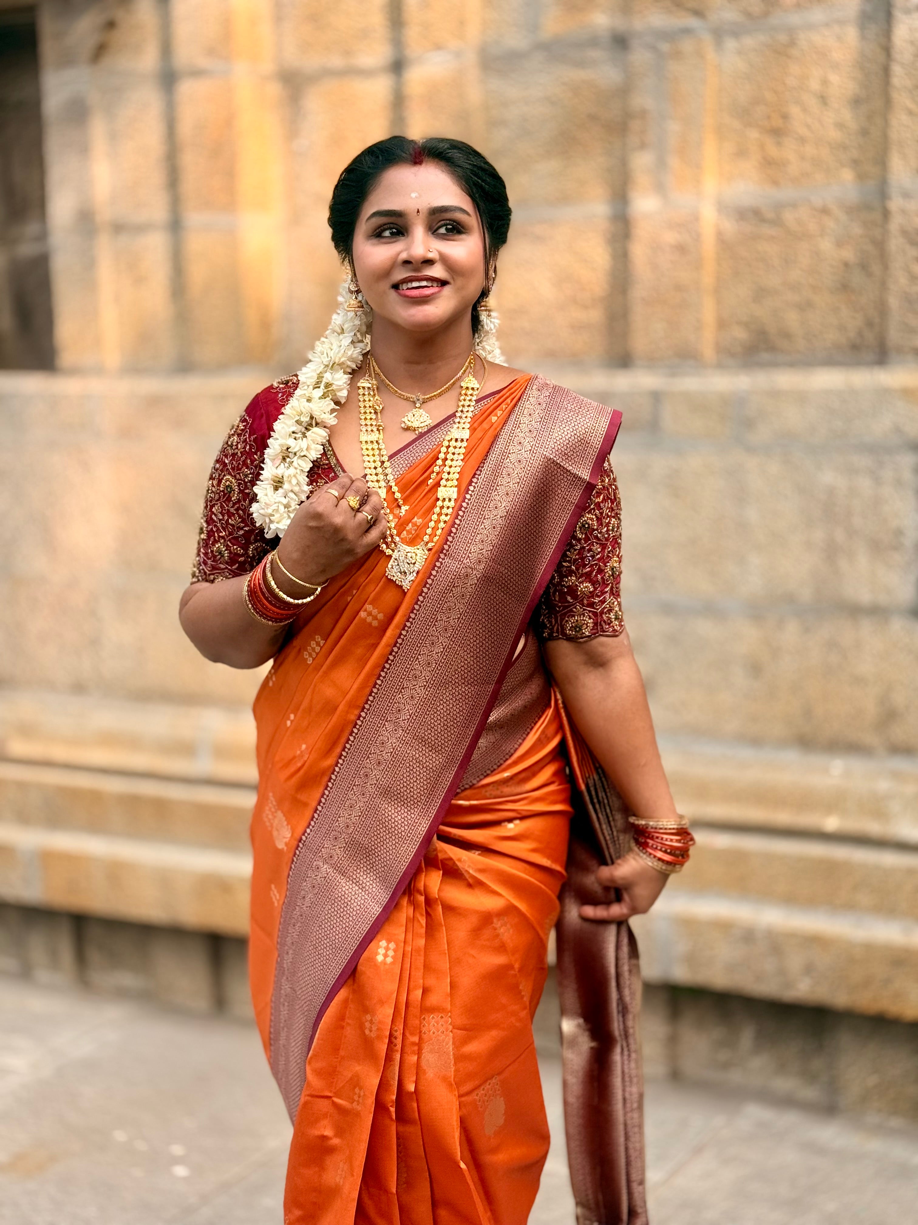 Rust orange semi silk saree