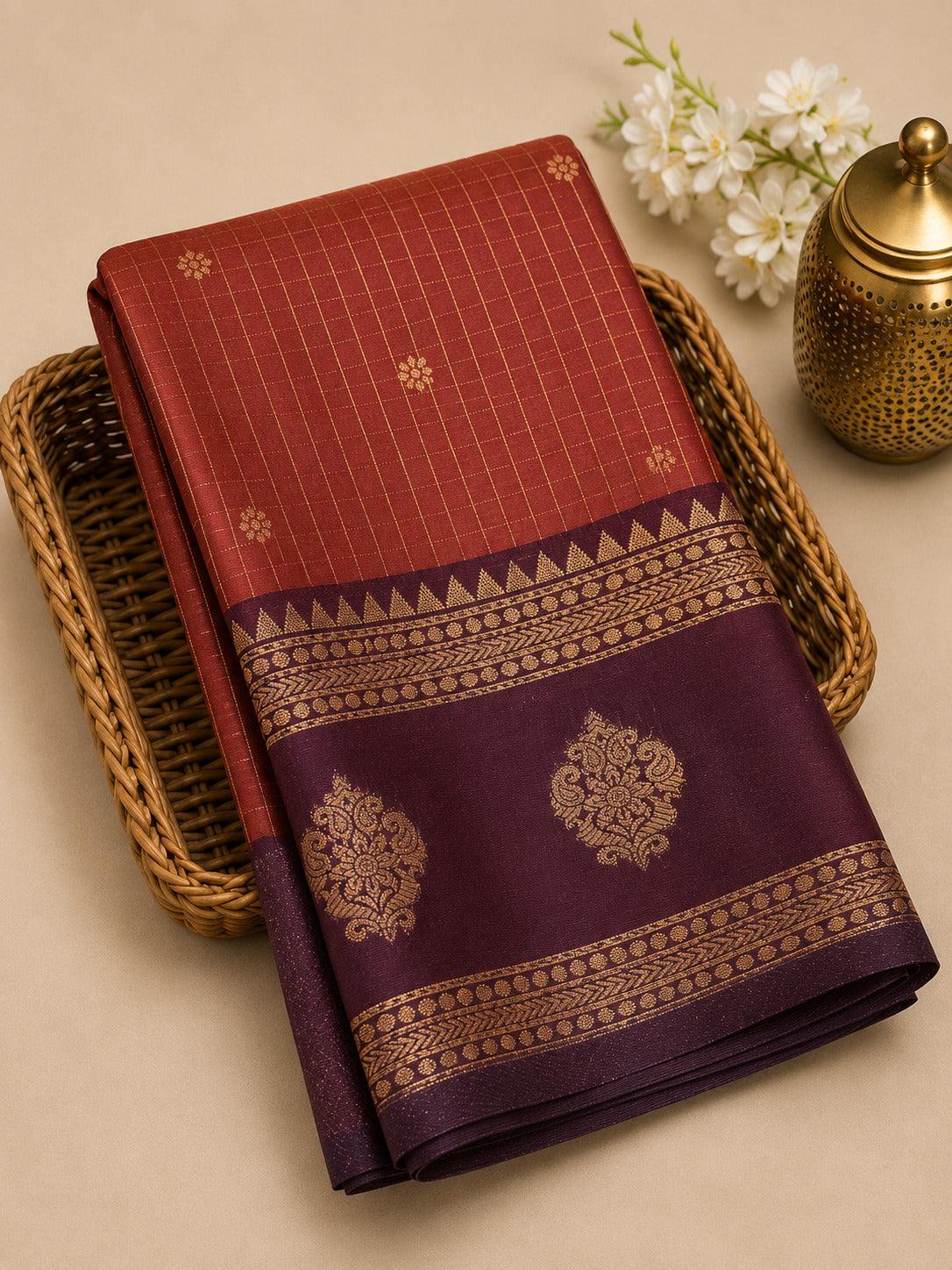 Premium Kanchi Soft Silk Saree – Rust Orange with Rich Zari Pallu