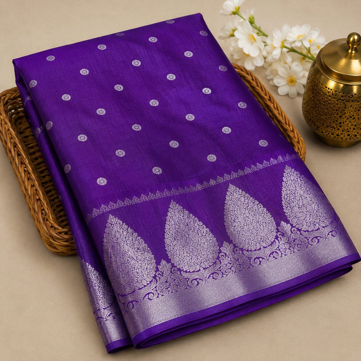 Premium Warm Silk Saree – Royal Purple with Silver Zari Buttas & Floral Border