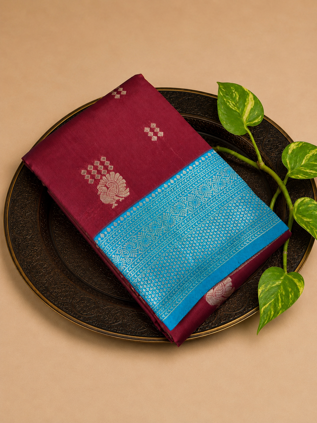 Elegant Maroon & Teal Blue Semi Silk Saree with Traditional Woven Border