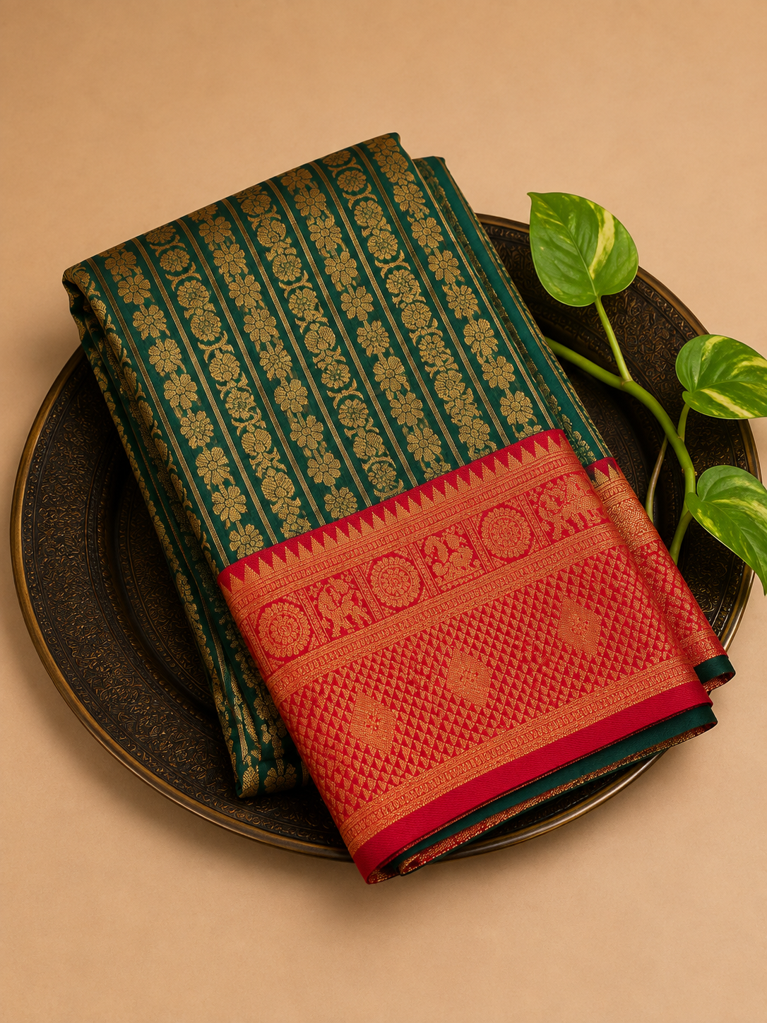 Semi Bridal Silk Saree – Dark Green with Rich Red Border | Traditional Wedding Wear Saree