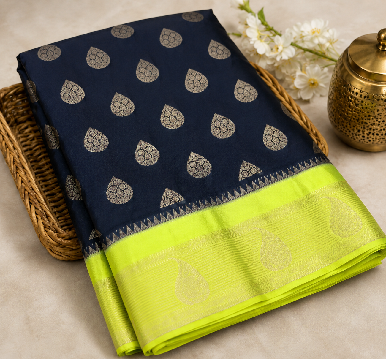 Warm Silk Saree – Black & Neon Lime Green with Silver Zari Buttas and Rich Contrast Border
