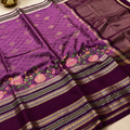Premium Linen Embroidery Saree – Wine Purple with Floral Embroidered Pallu & Rich Woven Border