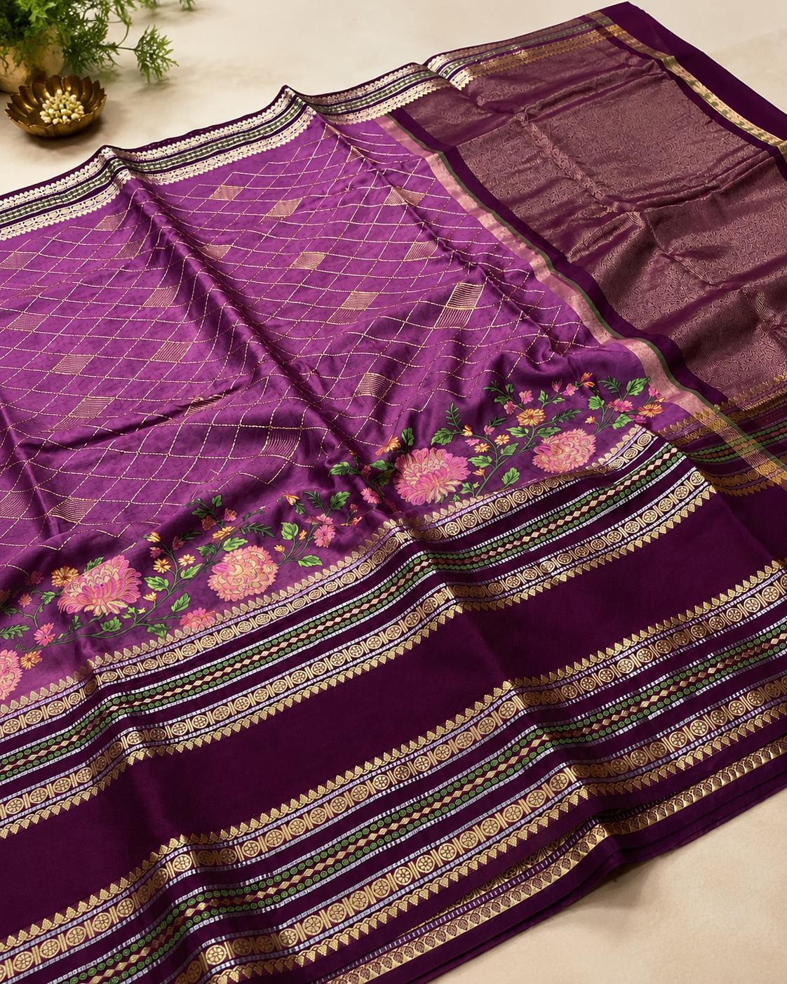 Premium Linen Embroidery Saree – Wine Purple with Floral Embroidered Pallu & Rich Woven Border