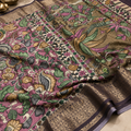 Pure Gaji Saree – Antique Gold with Hand-Painted Kalamkari Floral & Peacock Design