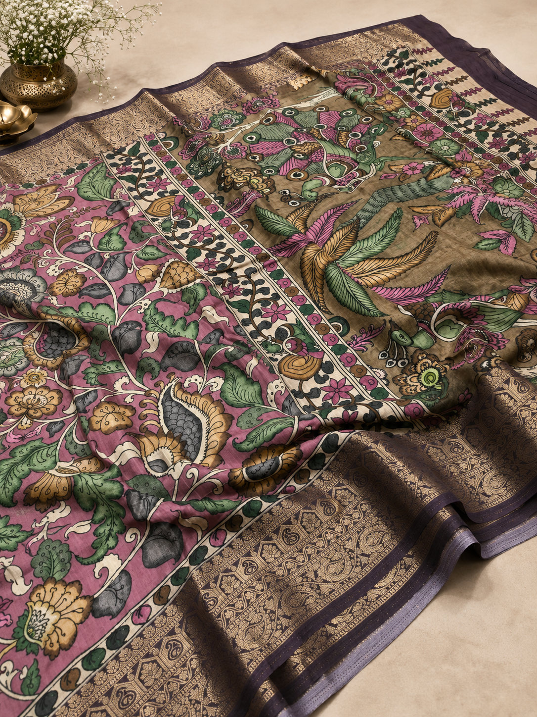 Pure Gaji Saree – Antique Gold with Hand-Painted Kalamkari Floral & Peacock Design