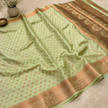 Paithani Saree – Pastel Mint Green with Rose Gold Floral Buttas & Rich Woven Border