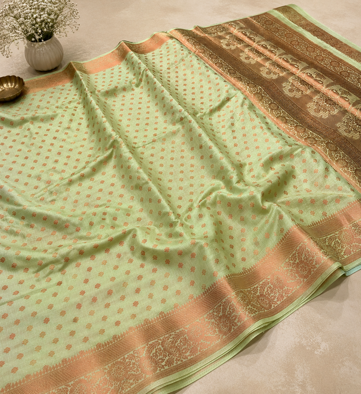 Paithani Saree – Pastel Mint Green with Rose Gold Floral Buttas & Rich Woven Border