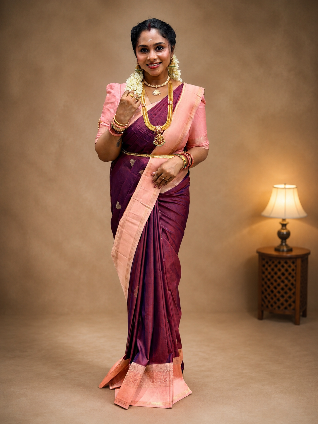 Semi Slub Silk Saree – Wine Purple & Blush Pink Contrast Border Saree