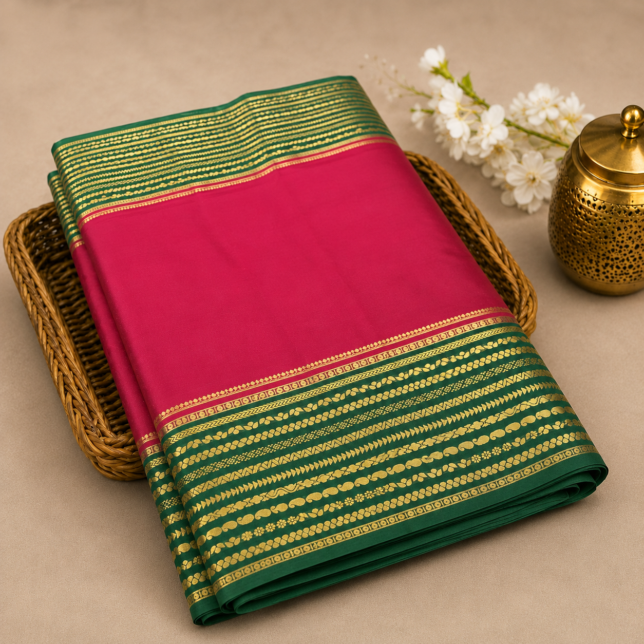 Premium Mysore Silk Saree – Rani Pink with Emerald Green Contrast Border & Rich Gold Zari Weaving