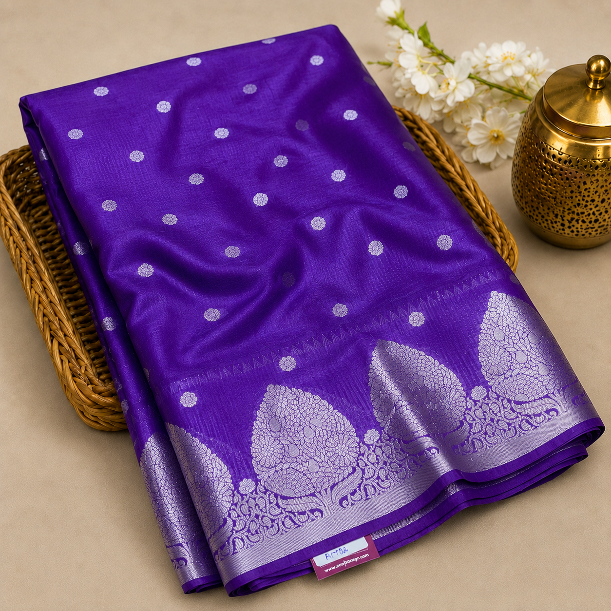 Premium Warm Silk Saree – Royal Purple with Silver Zari Buttas & Floral Border