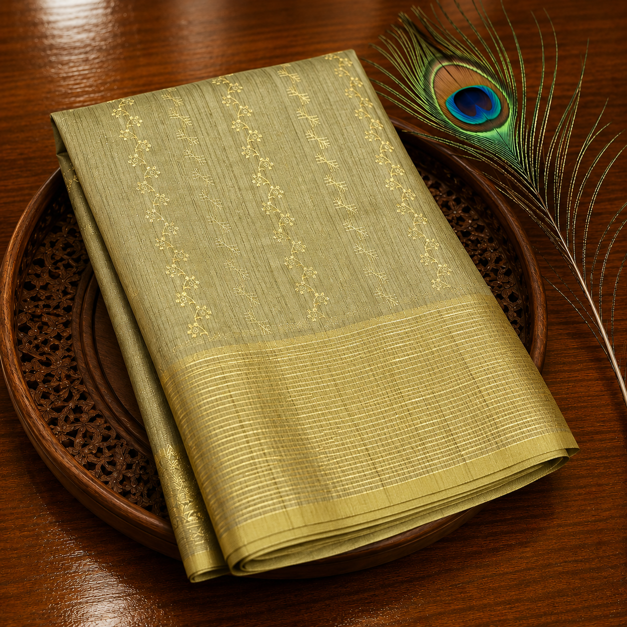 Premium Linen Embroidery Saree – Olive Gold with Floral Embroidery & Woven Border