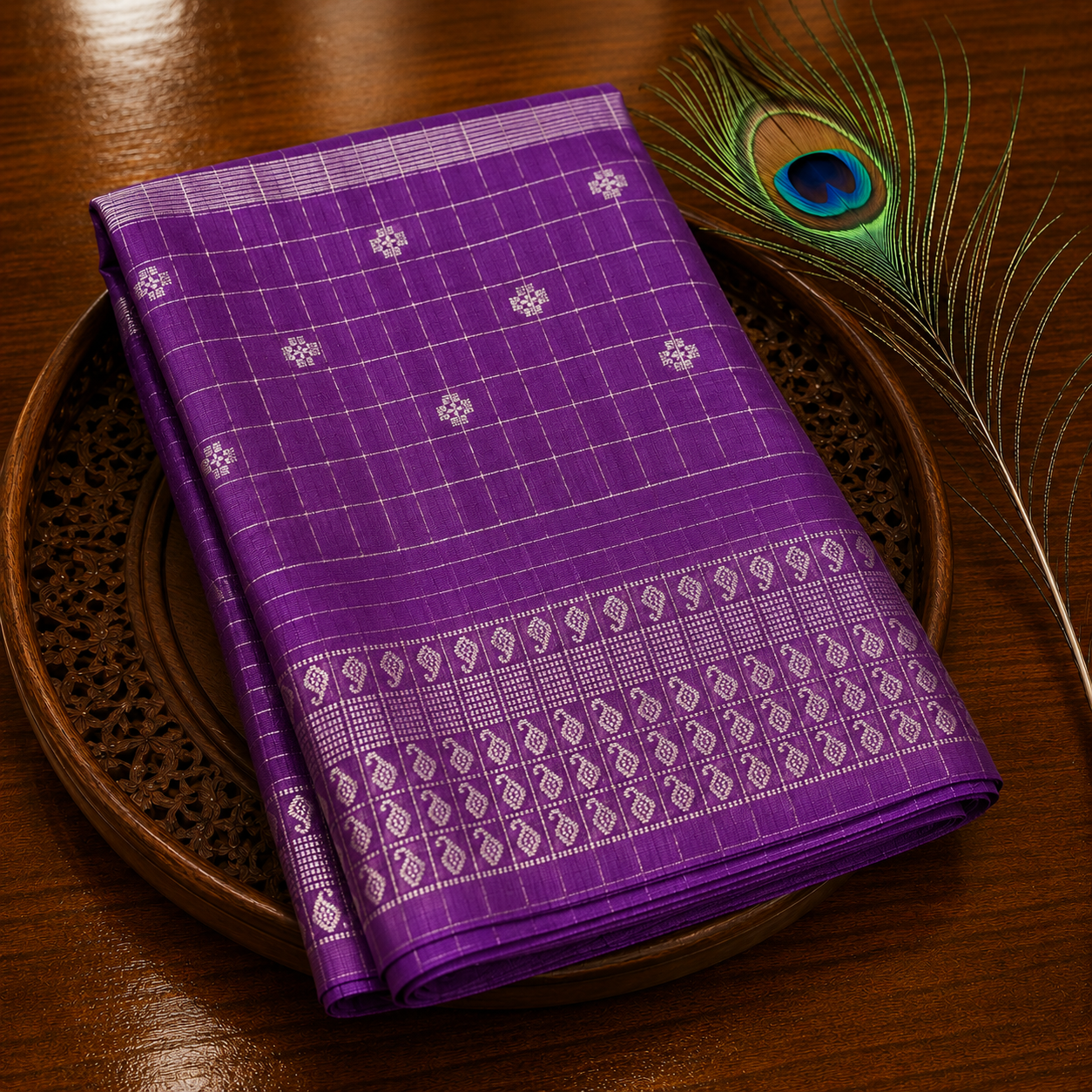 Premium Linen Saree – Orchid Purple with Silver Checks & Paisley Woven Border