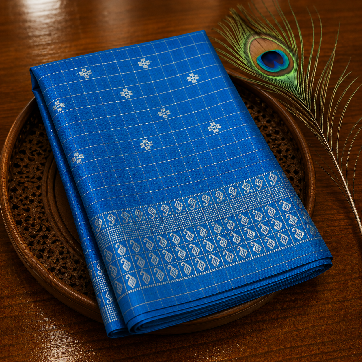 Premium Linen Saree – Sapphire Blue with Silver Checks & Paisley Woven Border