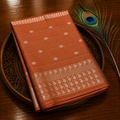 Premium Linen Saree – Copper Brown with Silver Checks & Paisley Woven Border