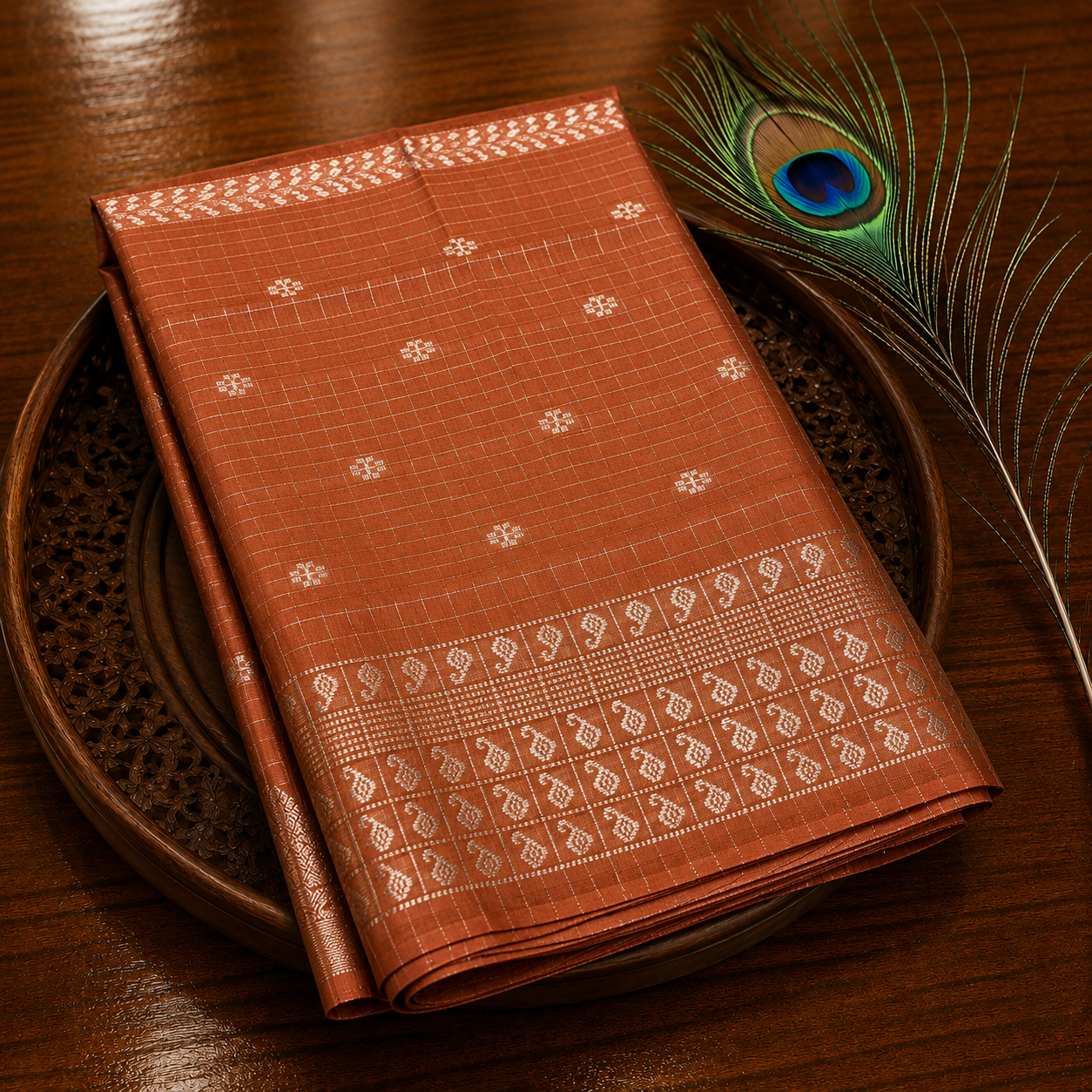 Premium Linen Saree – Copper Brown with Silver Checks & Paisley Woven Border