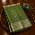 Premium Linen Saree – Olive Green with Silver Zari Buttas & Pink Contrast Pallu