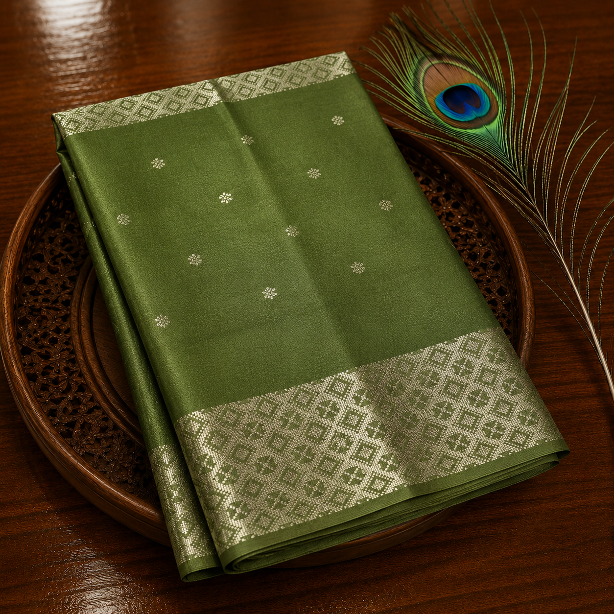 Premium Linen Saree – Olive Green with Silver Zari Buttas & Pink Contrast Pallu