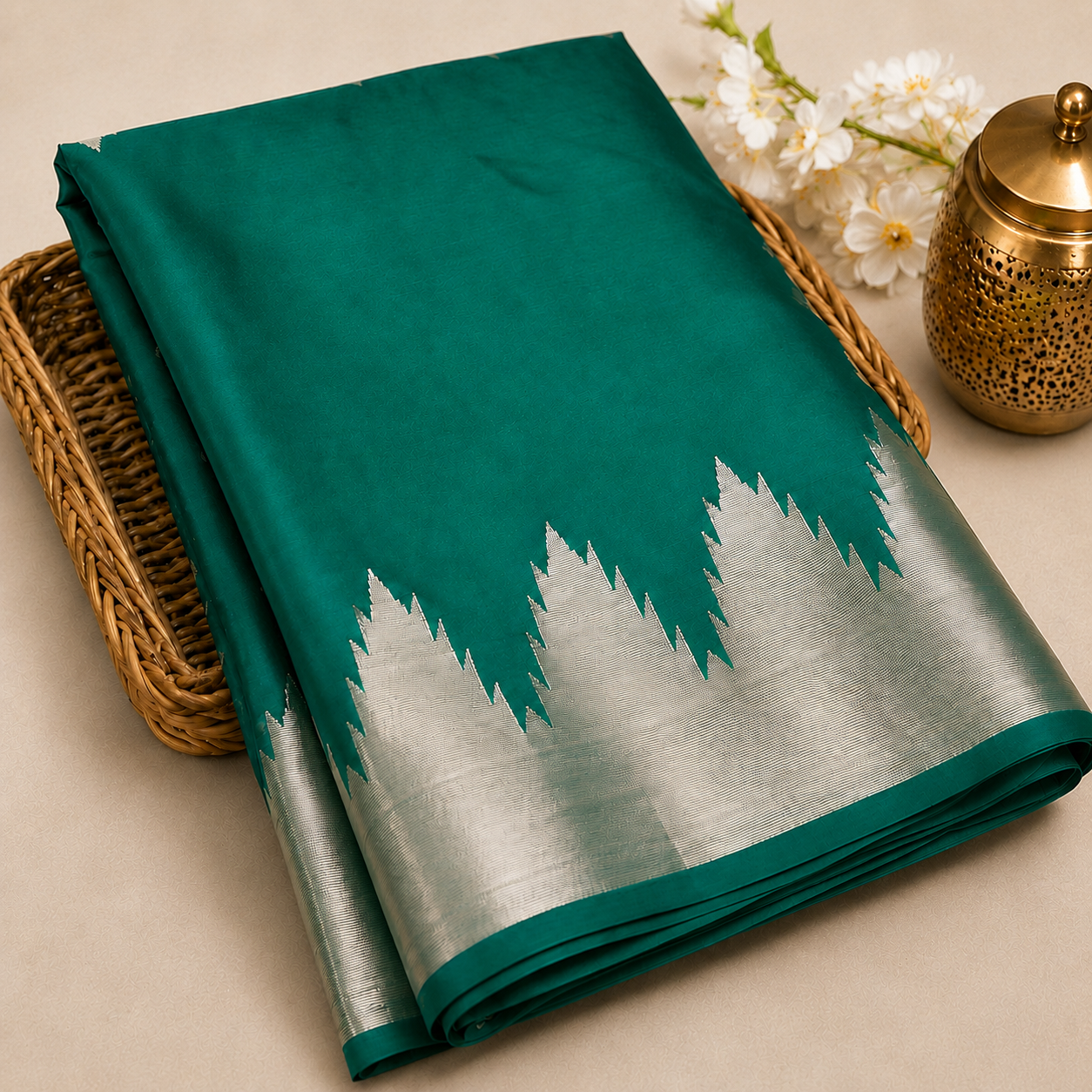 Premium Warm Silk Saree – Emerald Green with Silver Temple Border