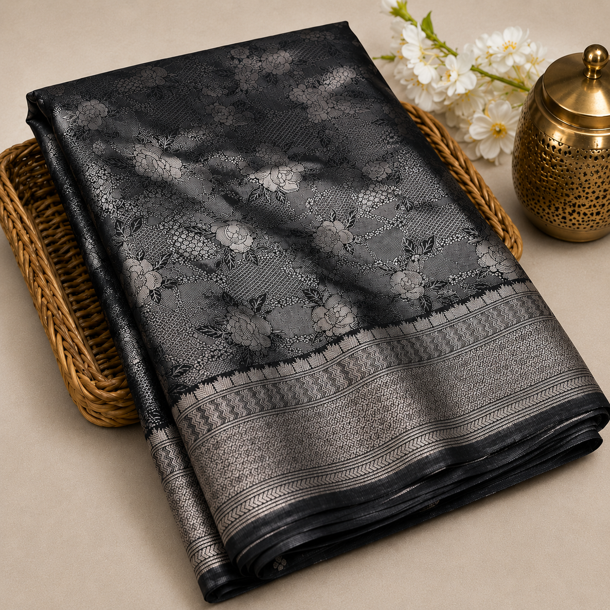 Soft Silk Saree – Midnight Black with Silver Floral Zari Weaving & Rich Designer Border
