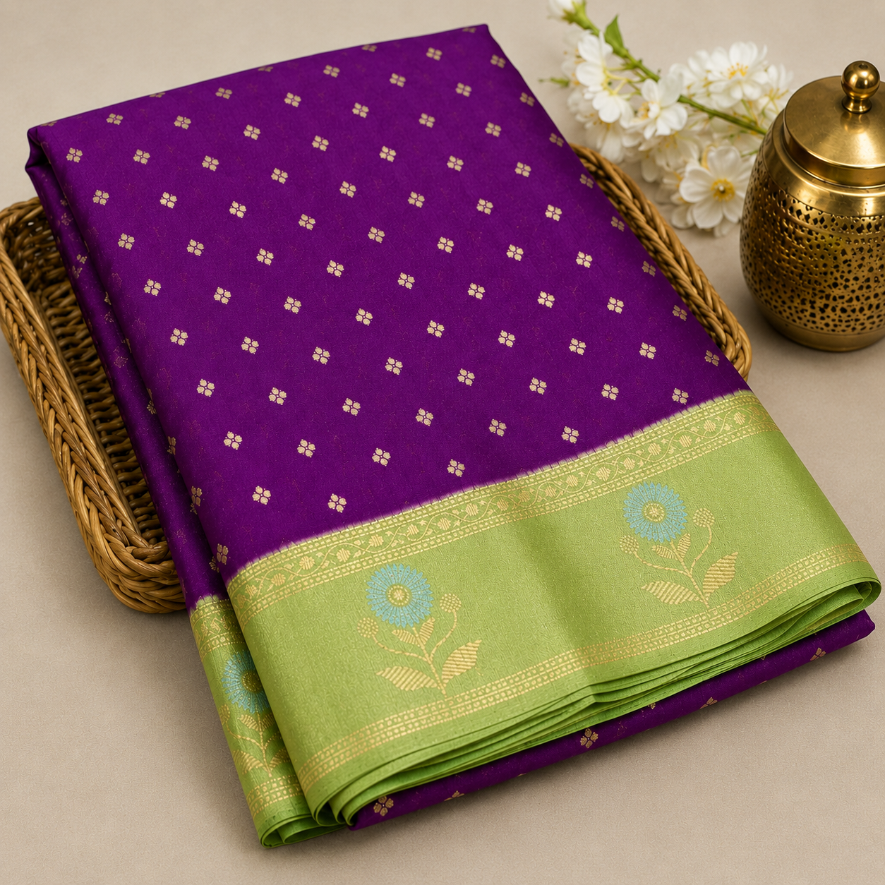 Premium Georgette Saree – Royal Purple with Mint Green Floral Zari Border