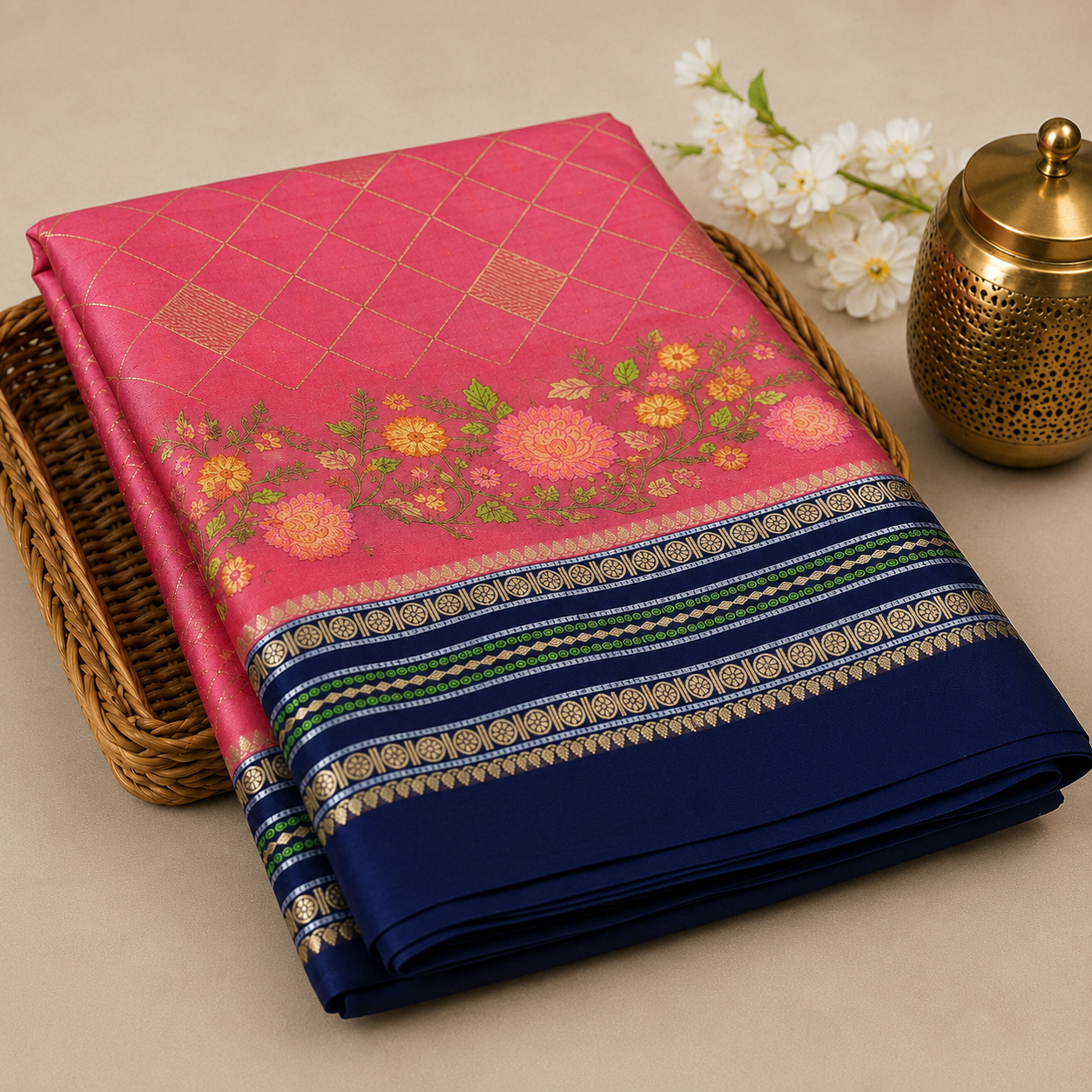 Premium Warm Silk Saree with Embroidery – Navy Blue & Pink with Floral Embroidered Pallu