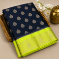 Warm Silk Saree – Black & Neon Lime Green with Silver Zari Buttas and Rich Contrast Border