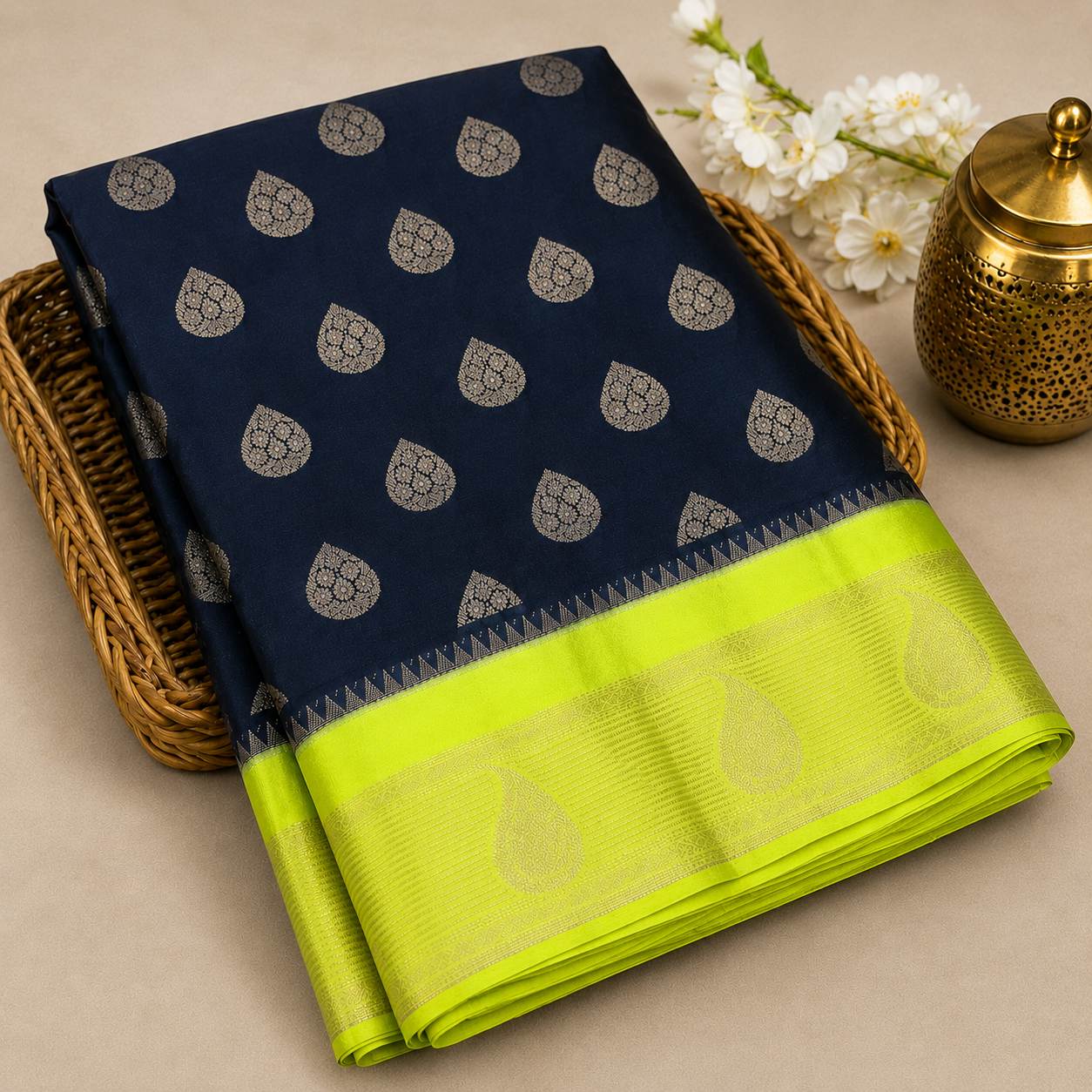 Warm Silk Saree – Black & Neon Lime Green with Silver Zari Buttas and Rich Contrast Border