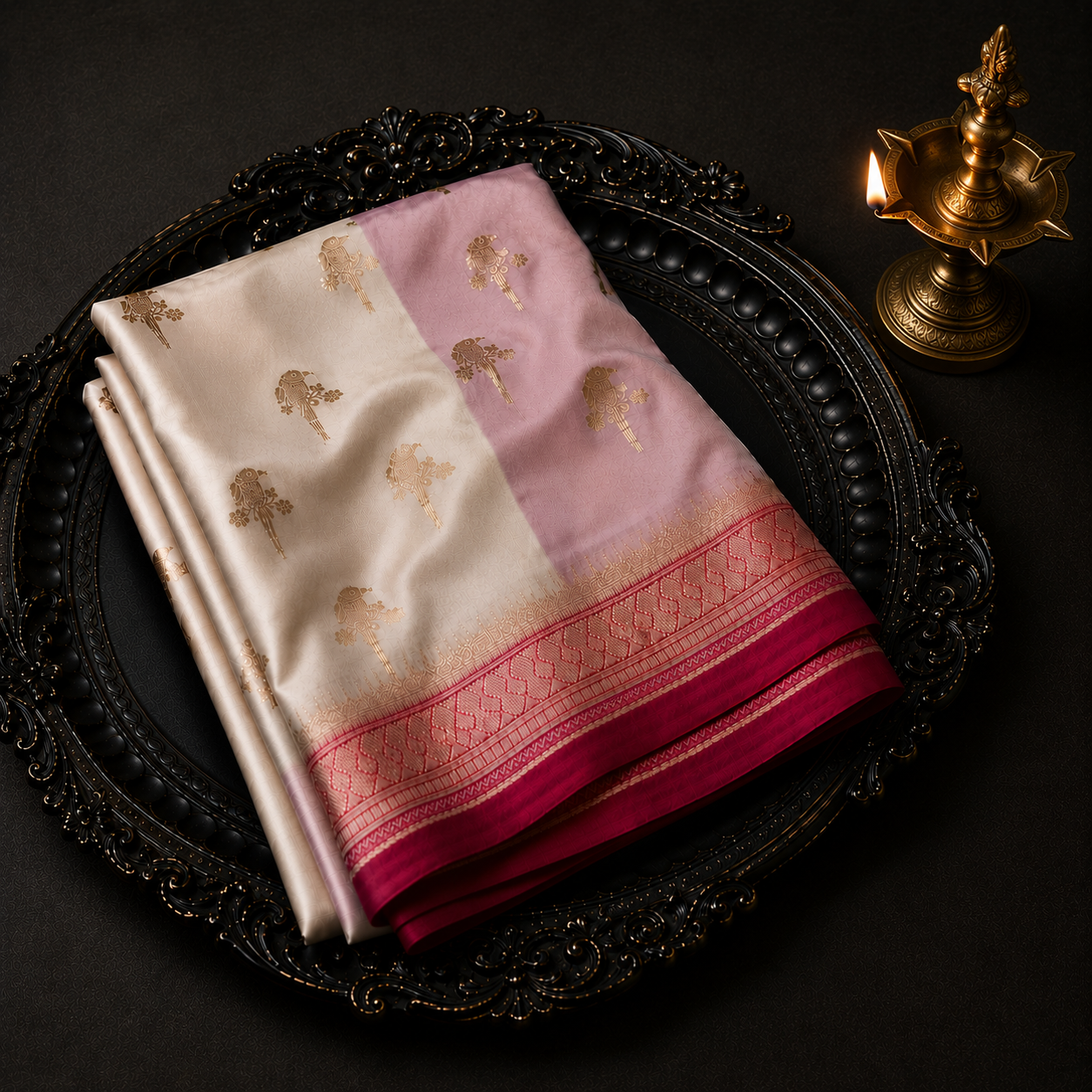 Premium Mango Silk Saree – Ivory & Blush Pink with Gold Parrot Motifs and Deep Red Border