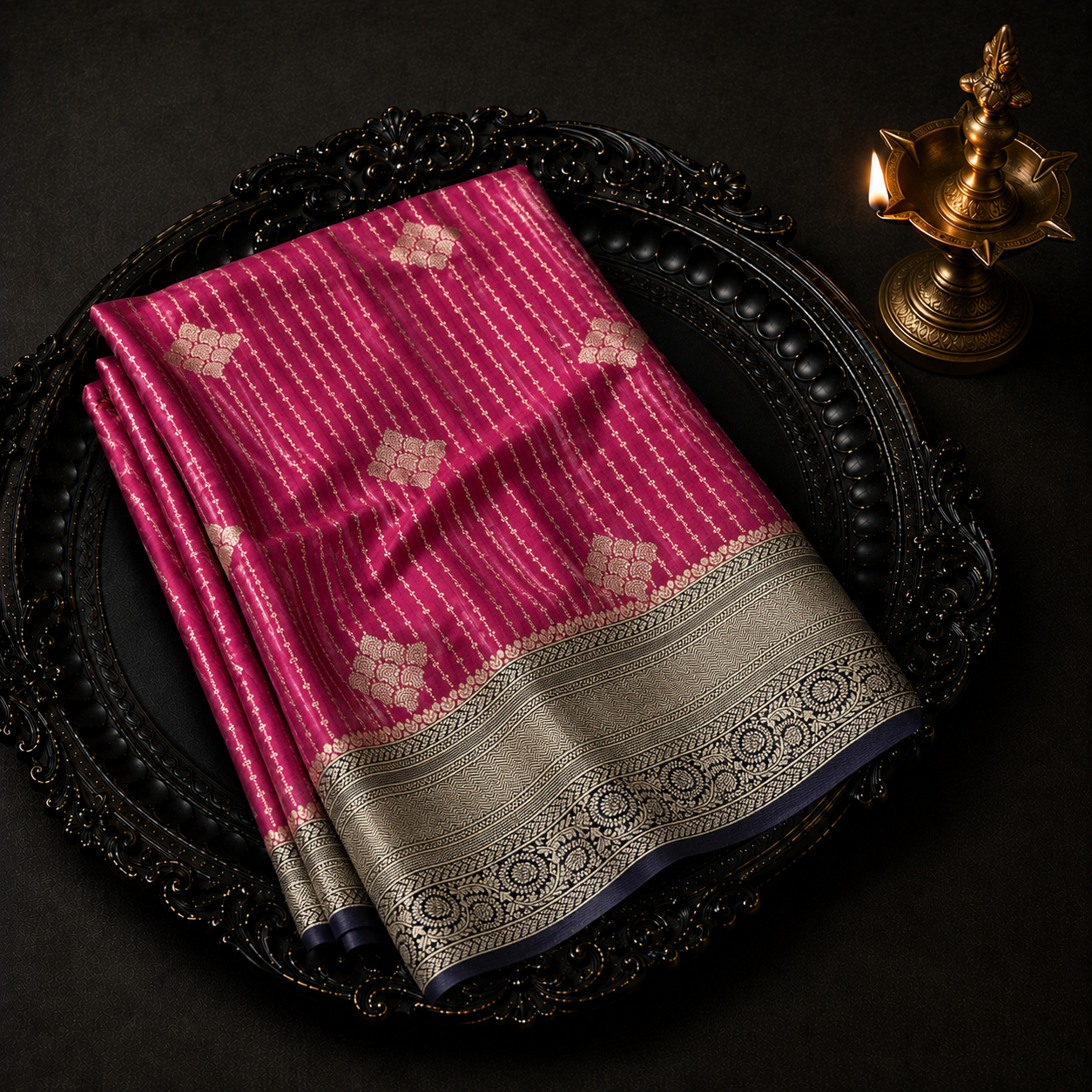 Premium Georgette Saree – Rani Pink with Navy Blue Contrast Border & Silver Zari Weaving