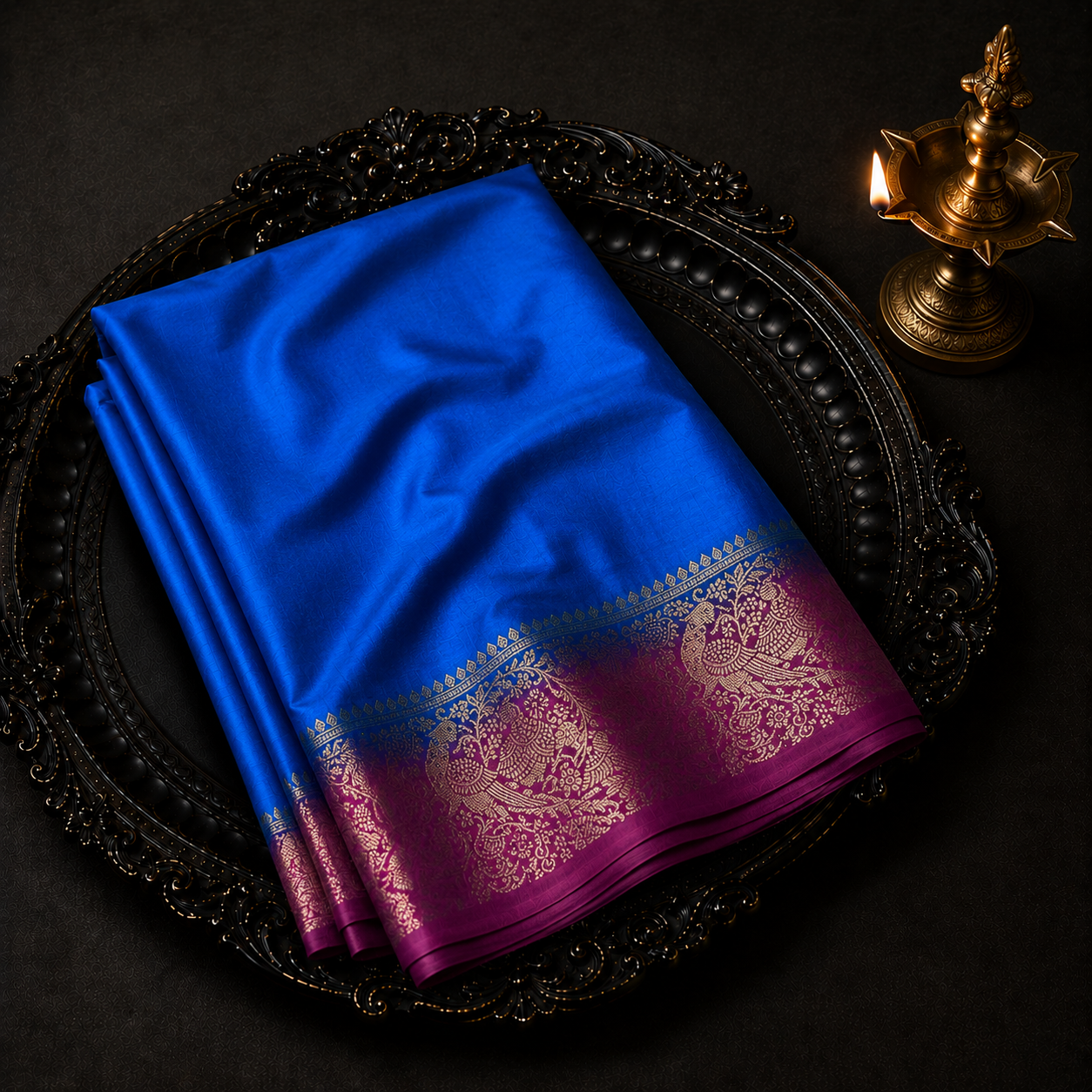 Premium Georgette Saree – Royal Blue & Magenta with Peacock Zari Border