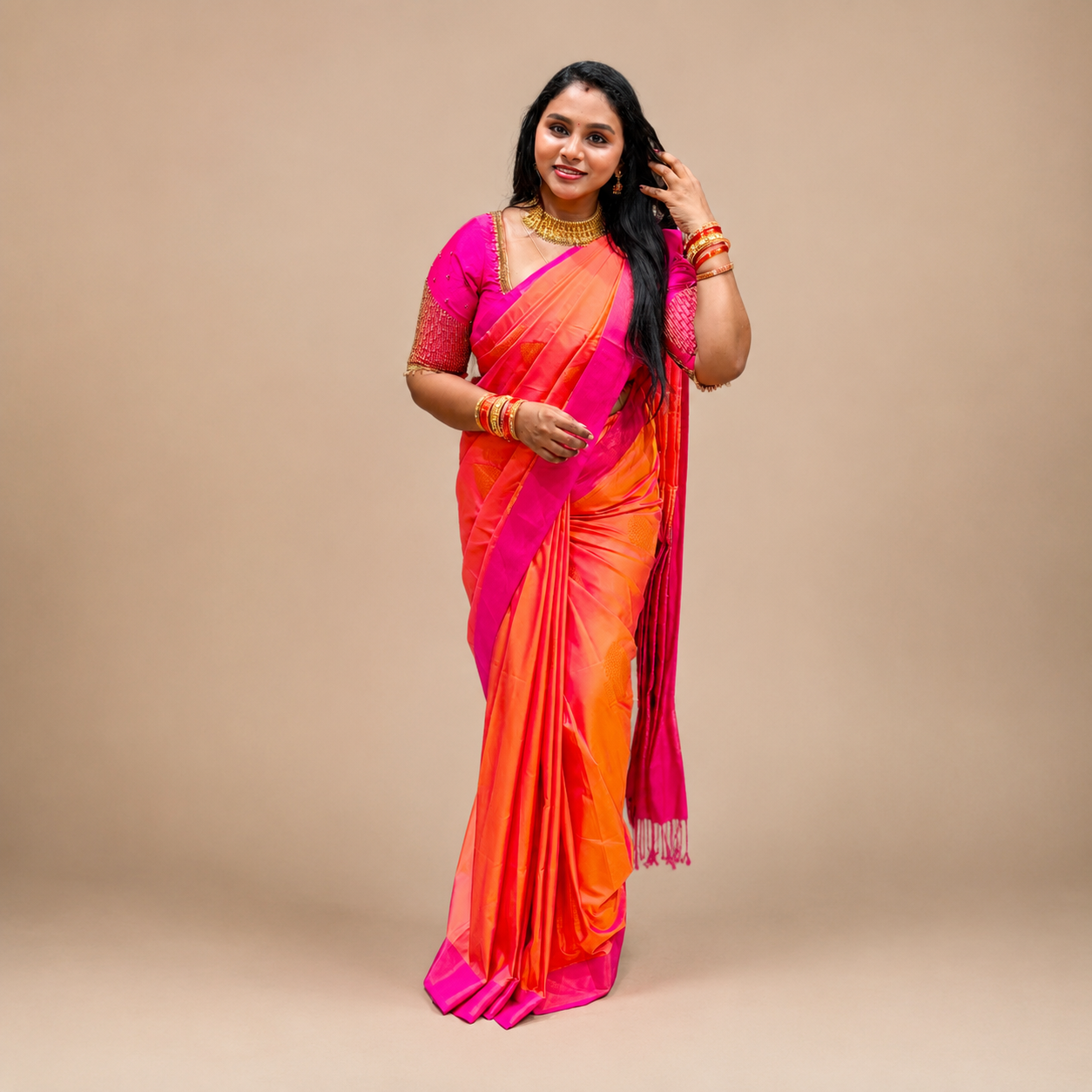 Premium Soft Silk Saree – Peach Orange & Rani Pink Rich Zari Border Saree