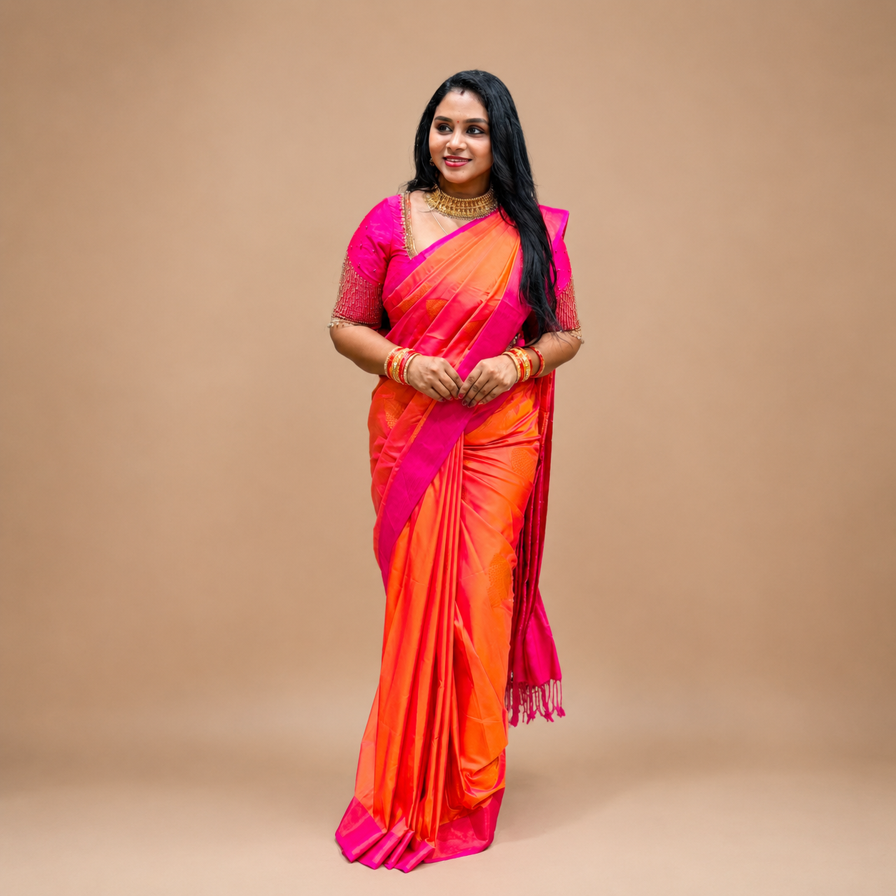 Premium Soft Silk Saree – Peach Orange & Rani Pink Rich Zari Border Saree