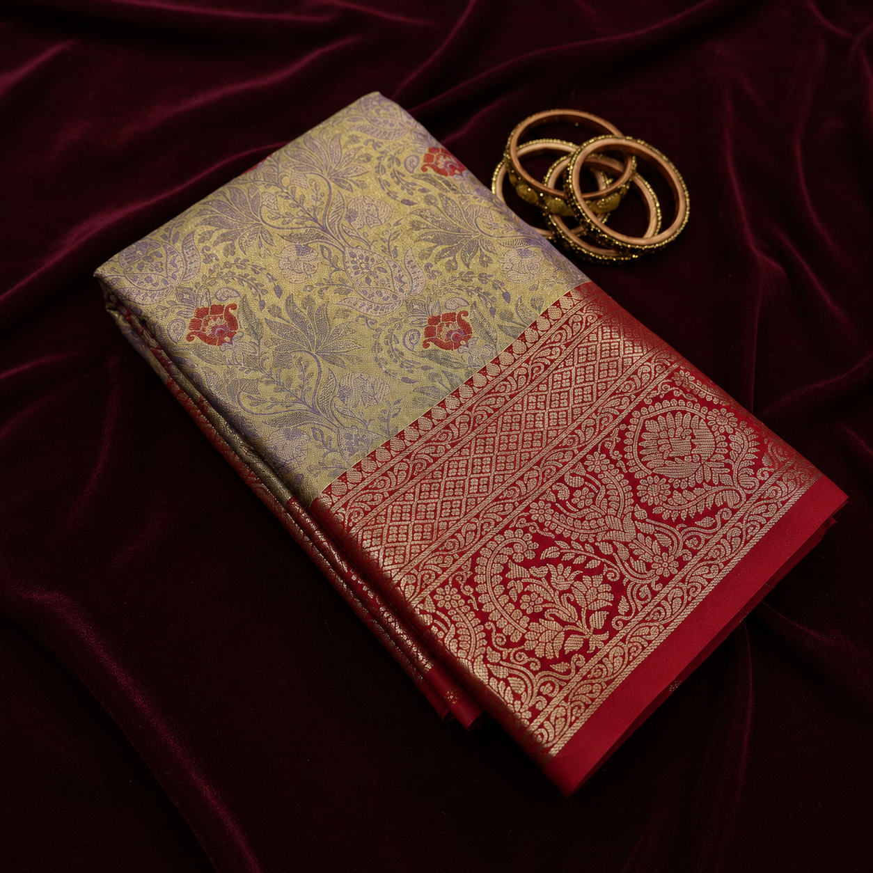 Kanchipuram Bridal Soft Silk Rich Saree – Champagne Gold with Ruby Red Rich Zari Border